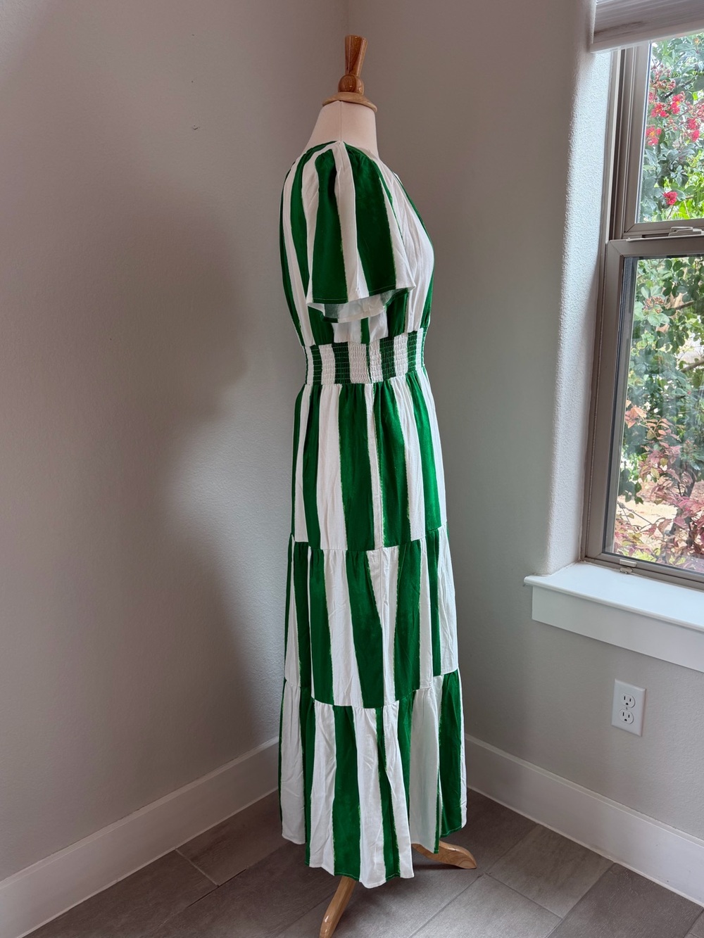 Sugarlips Rony Green/White Smocked Linen Maxi Dress Size M - Picture 7 of 10